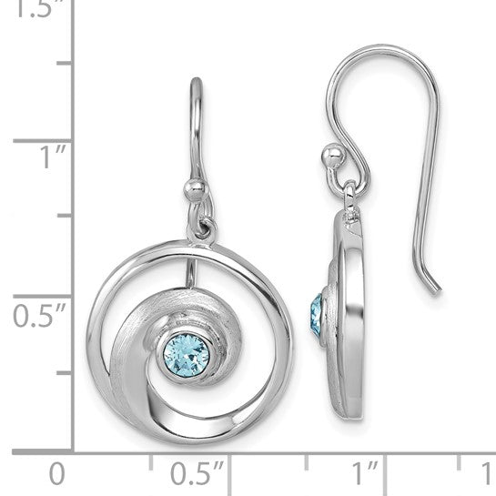 The Presco/Quality Gold Crystal Wave Dangle/Aqua Earrings feature round aqua Swarovski crystals in sterling silver swirls and measure about 1 inch long by 0.5 inch wide. Shown against a ruler for scale.