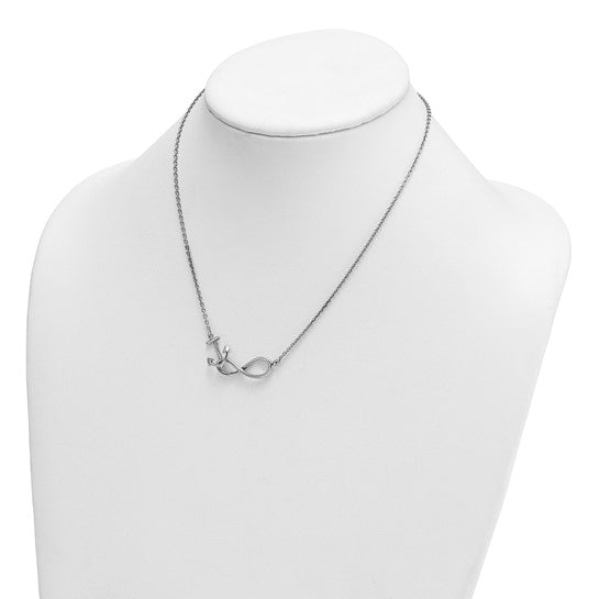 The Presco/Quality Gold Sterling Silver Anchor/Eternity Necklace, shown on a white mannequin, features a minimalist anchor design—an elegant everyday accessory for timeless style.