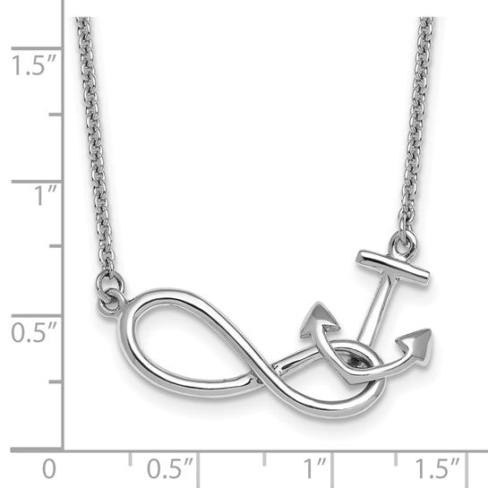 The Presco/Quality Gold Sterling Silver Anchor/Eternity Necklace features an infinity symbol intertwined with an anchor—a striking minimalist piece and the perfect eternity necklace gift, shown here against an inch-marked measurement grid.