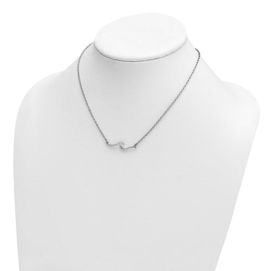 The Presco/Quality Gold Sterling Silver Wave Necklace features a minimalist, wave-shaped pendant displayed on a white jewelry bust.