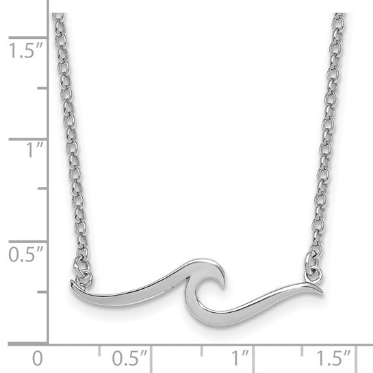 The Presco/Quality Gold Sterling Silver Wave Necklace features a minimalist 1.25-inch wave-shaped pendant on an oval link chain, shown against a white background with a ruler for scale.