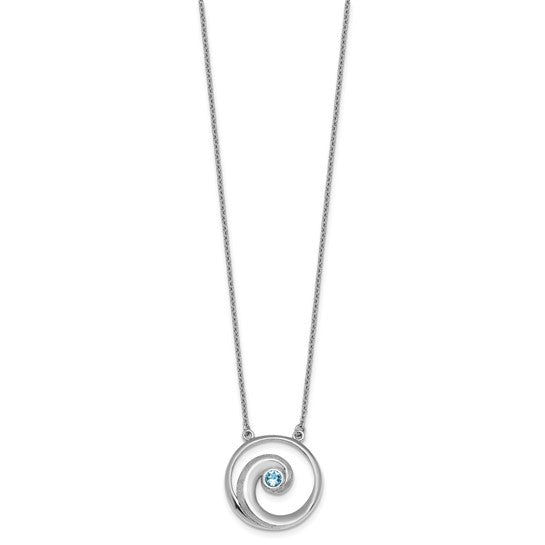 The Crystal Wave Aqua Crystal Pendant by Presco/Quality Gold features a circular sterling silver spiral with a blue crystal at the center, suspended from a delicate chain—an elegant and timeless addition to any jewelry collection.