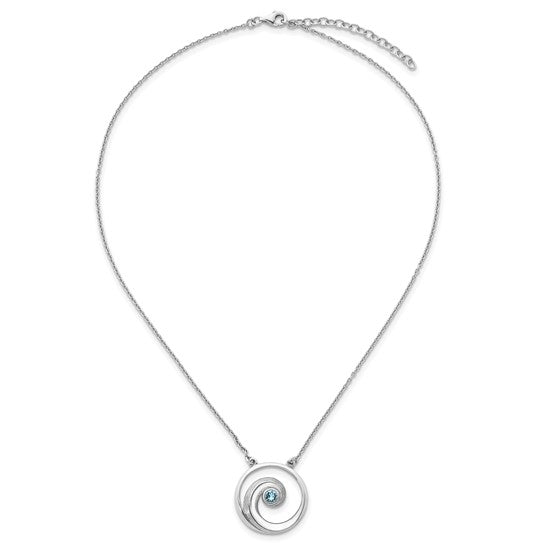 The Crystal Wave Aqua Crystal Pendant by Presco/Quality Gold features a thin silver chain with concentric sterling silver rings and a central aqua crystal accent.