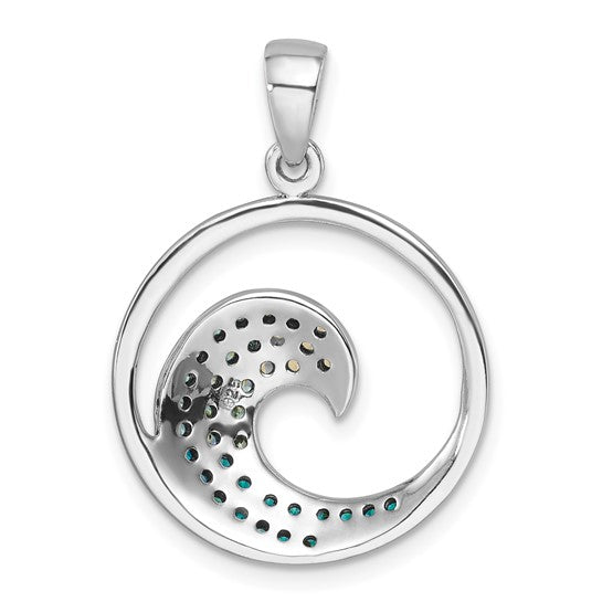 The Crystal Medium Blue Wave Pendant by Presco/Quality Gold features a sterling silver open circular design with small blue and dark accent stones in a gradient along the inner curve.