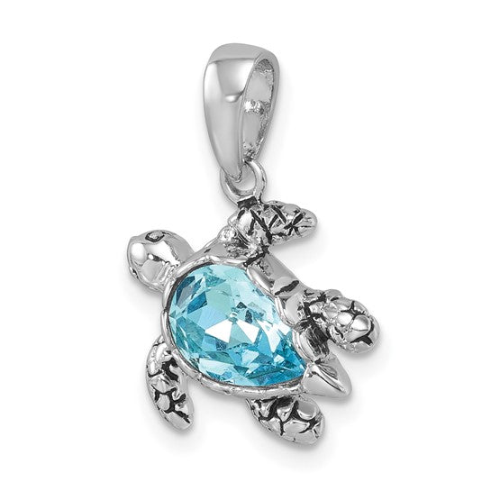 The Presco/Quality Gold Crystal Medium Aqua Turtle Pendant features an aqua crystal shell, detailed flippers and head, and a smooth bail for easy necklace attachment.