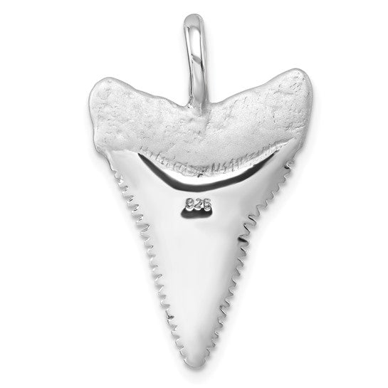 The Presco/Quality Gold Sterling Silver Brushed Great White Shark Tooth Pendant features a shiny, textured top, smooth lower section, minimalist design, 925 stamp for quality, and a loop for your favorite chain.