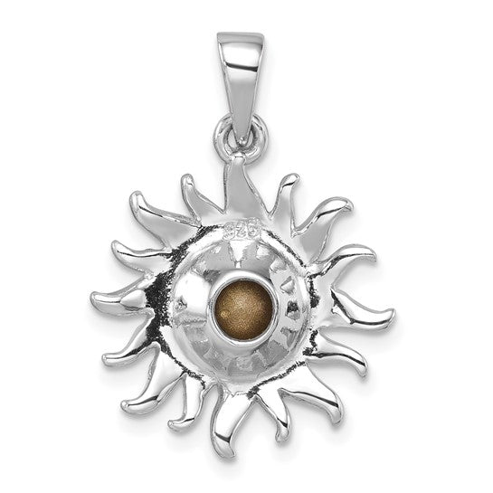 The Presco/Quality Gold Crystal Sun with Aqua Crystal Pendant features wavy silver rays, a round aqua center stone, a smooth bail for easy attachment, and 925 stamped above the center confirming its sterling authenticity.