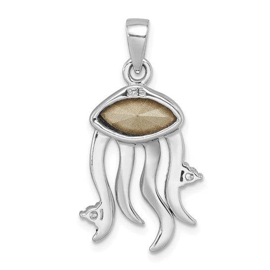 The Presco/Quality Gold Crystal Jellyfish Blue & White Pendant features an abstract jellyfish design with a marquise blue and white stone body and four wavy sterling silver tentacles.