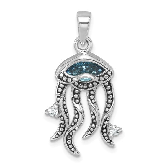 The Presco/Quality Gold Crystal Jellyfish Blue & White Pendant features a shimmering blue gemstone body, sparkling white accents on its tentacles, and is uniquely outlined with decorative black dots for a stylish look.