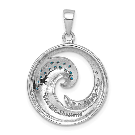 The Presco/Quality Gold Crystal Double Blue & White Wave Pendant features a round sterling silver swirl design with blue and white crystals, engraved “925 QG Thailand” along the bottom curve.