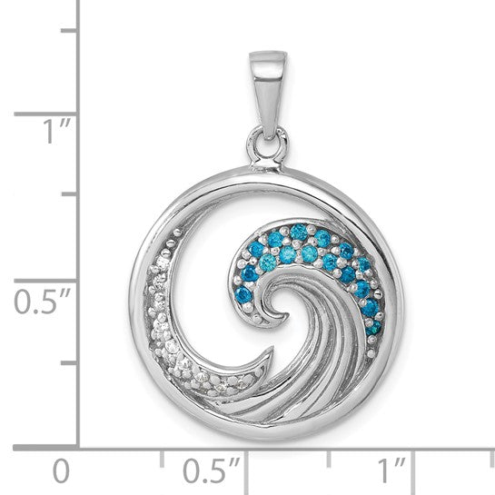 The Presco/Quality Gold Crystal Double Blue & White Wave Pendant features sparkling blue and clear crystals in a round sterling silver design, hanging from a bail. It measures approximately 1 inch wide and tall.