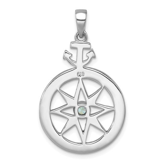 The Presco/Quality Gold Swarovski Crystals Compass w/ Anchor Pendant features a sterling silver nautical compass rose with an anchor at the top and a central round Swarovski crystal.