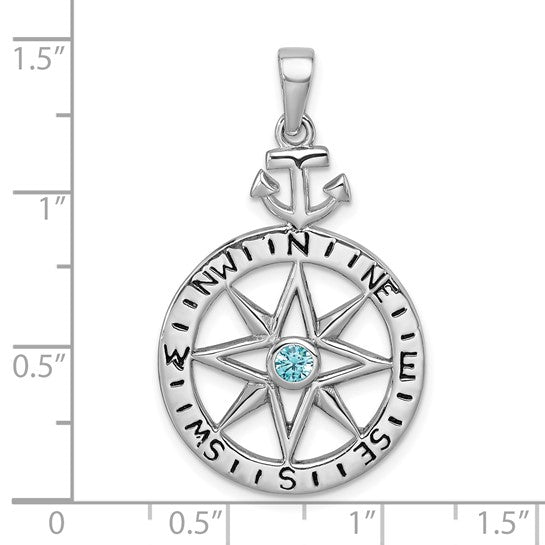 The Presco/Quality Gold Swarovski Crystals Compass w/ Anchor Pendant features a sterling silver compass rose with an anchor at the top and a blue Swarovski crystal center, shown against inch measurements for scale.