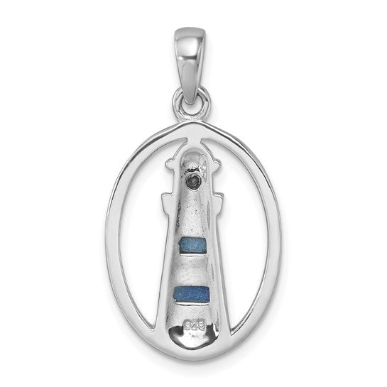 The Presco/Quality Gold Crystal Lighthouse Pendant features an openwork sterling silver lighthouse with two blue enamel accents and a small black stone near the top, hanging from a polished bail—perfect for adding nautical charm to your collection.