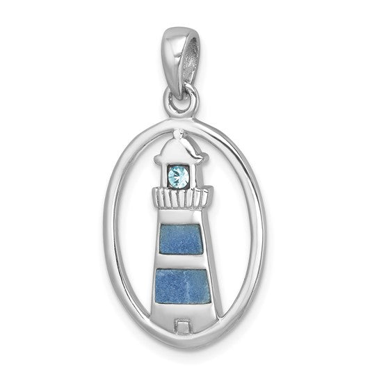 The Presco/Quality Gold Crystal Lighthouse Pendant is an oval sterling silver piece with a lighthouse design, blue enamel accents, a small blue gemstone at the top, and hangs from a smooth bail.