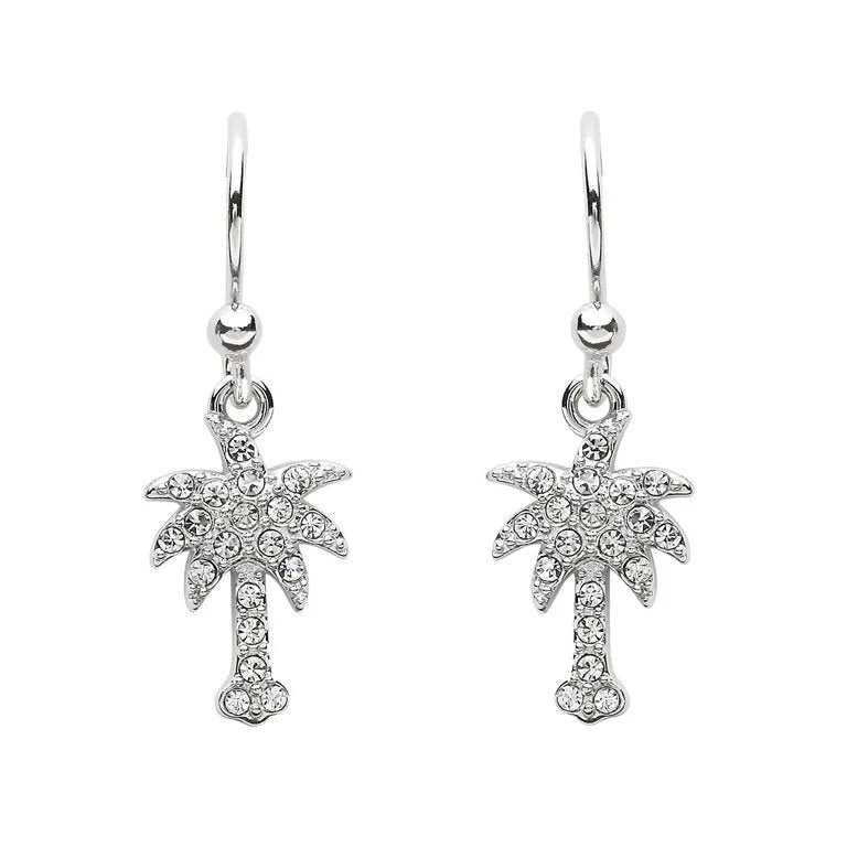 Shanores Swarovski Crystals White Palm Tree Drop Earrings-Ocean Jewelry feature sterling silver palm tree earrings embellished with sparkling Swarovski crystals, each gracefully hanging from a delicate hook.