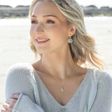 On a beach, a person with long blond hair wears a light gray sweater and Silver Sandra Shore Sand Dollar Earrings by Holly Yashi. Made from sterling silver and hypo-allergenic, these earrings complement their serene smile against the ocean and skys blurred backdrop.