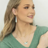 A woman with long, wavy blonde hair smiles while looking to the side. She is wearing a green V-neck sweater and matching hypo-allergenic jewelry with blue accents from Holly Yashi, including Turquoise Tula Earrings and a gold textured bracelet. The background is plain and light-colored.