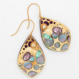 The Seashore Dreams Purple Earrings by Holly Yashi feature teardrop-shaped gold designs with Austrian crystals in purple, turquoise, aqua, and yellow. Hanging from thin gold hooks, they offer an elegant bohemian glass aesthetic.