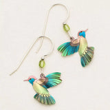Island Green Picaflor Earrings by Holly Yashi feature vibrant hummingbirds with hand-painted niobium wings in green, blue, and pink hues, complemented by a green bead on sterling silver French wires.