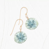 The Sage Sandra Shore Sand Dollar Earrings by Holly Yashi feature exquisite 18k gold-filled wire hooks with translucent circular pendants, accented with delicate blue details and small pearls.