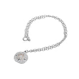 The Shanore Swarovski Crystals White Sand Dollar Anklet-Ocean Jewelry features a sterling silver sand dollar pendant with intricate designs and radiant crystals. The elegant chain with oval links and a secure lobster clasp completes the look against a clean white backdrop.