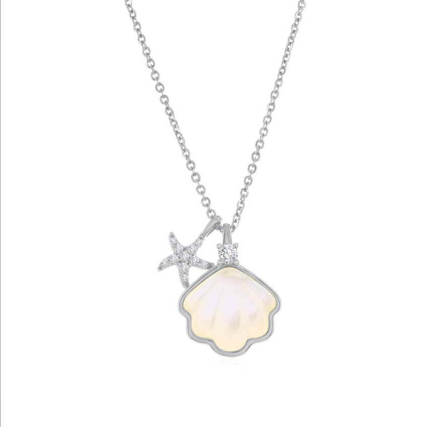 The Classic of New York Sterling Silver & Mother of Pearl Scallop Shell Necklace features a delicate chain, a shell-shaped pendant with a luminous center, and a CZ starfish accent—a stunning accessory for any occasion.