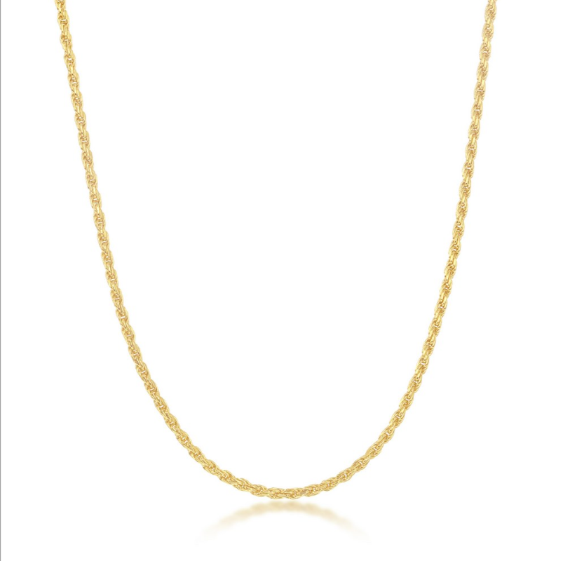 The Classic of New York Gold Plated 1.5MM Rope Chain, 18 inches long, is displayed on a plain white background, highlighting its twisted and textured rope design with a gentle curve.