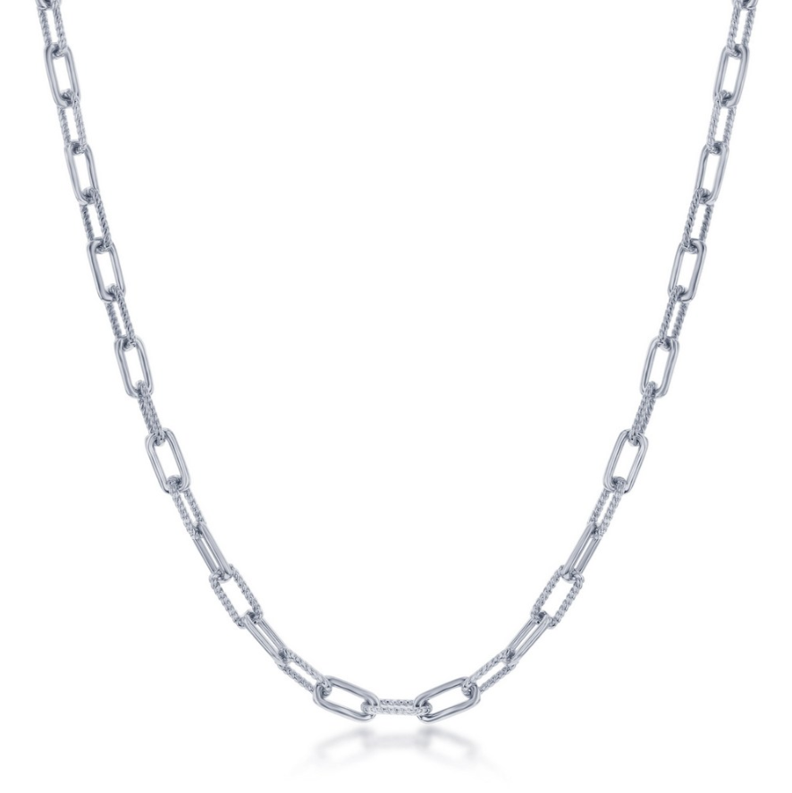 The Classic of New York Sterling Silver Polished & Rope Paperclip Necklace features elongated rectangular links with polished and rope-textured finishes, displayed against a white background for a modern, elegant look.