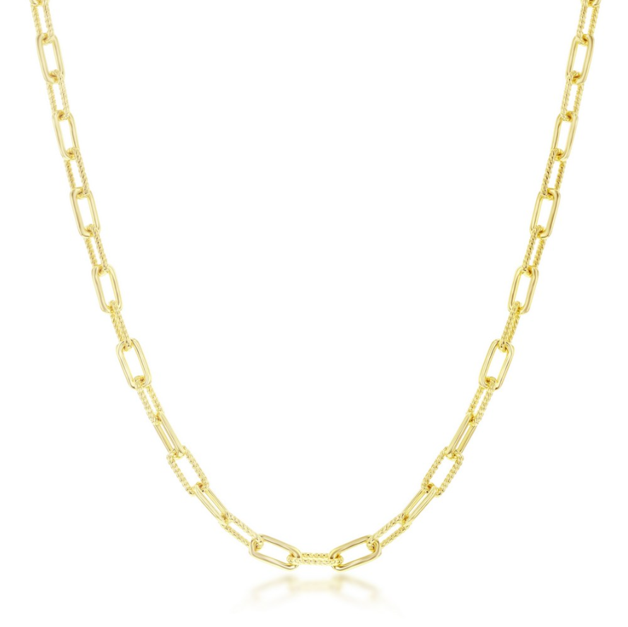 The Classic of New York Gold Plated Polished & Rope Paperclip Necklace features elongated, shiny rectangular links and is displayed on a plain white background.