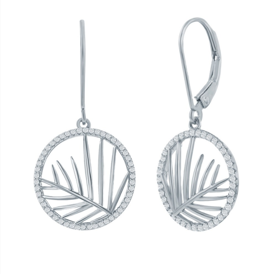 Classic of New York Sterling Silver Round CZ Outline w/Leaf Cut Out Center Dangle Earrings feature circular frames with a leaf design and sparkling CZ accents.