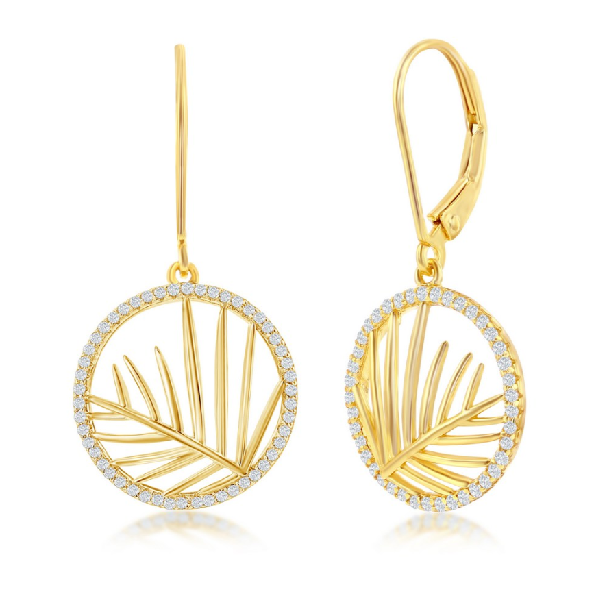 Classic of New Yorks Gold plated Round CZ Outline w/Leaf Cut Out Center Dangle Earrings showcase openwork palm leaf centers encircled by sparkling CZ stones, all in a chic gold finish.