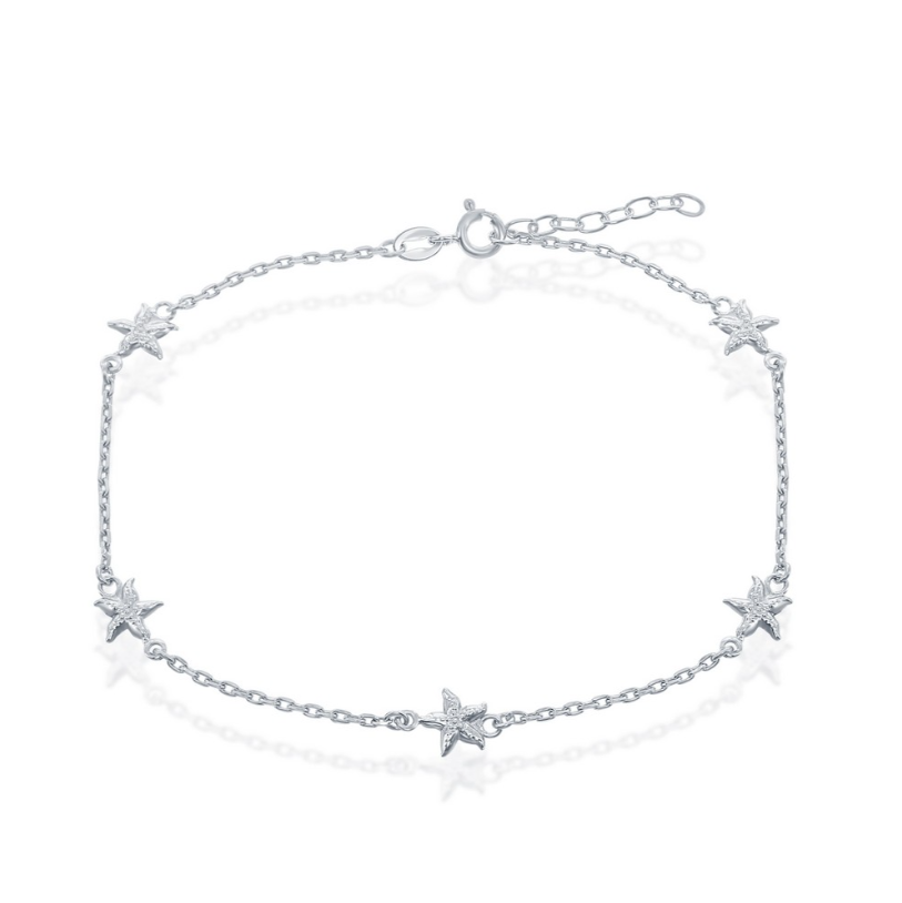 The Classic of New York Sterling Silver Starfish Anklet features a 925 silver chain with five starfish charms, a lobster clasp, and an adjustable extension for the perfect fit.