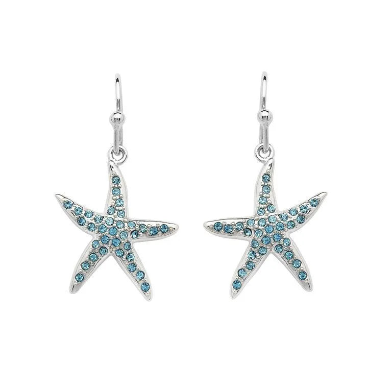 The stunning Shanore Swarovski Crystals Starfish Aqua Earrings from the Ocean Jewelry collection feature starfish-shaped designs with shimmering crystals. Each symmetrical starfish dangles elegantly from delicate hooks, creating a striking effect against a plain white background.