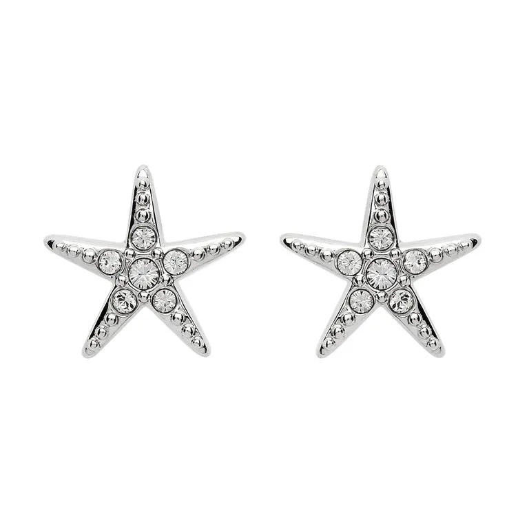 Two Shanore Swarovski Crystals White Starfish Stud Earrings with embedded crystals are set against a white background.