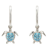 Shanores Swarovski Crystals Post Hoop Dangle Turtle Earrings feature sterling silver hoops with sea turtles, each adorned with turquoise shells and sparkling Swarovski crystals, capturing the playful essence of ocean jewelry.
