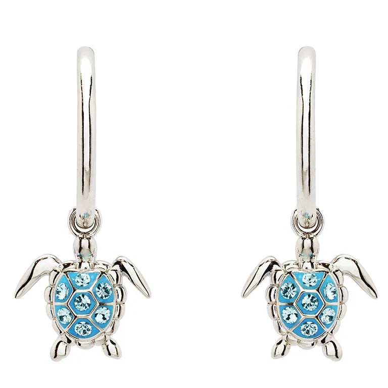 Shanores Swarovski Crystals Post Hoop Dangle Turtle Earrings feature sterling silver hoops with sea turtles, each adorned with turquoise shells and sparkling Swarovski crystals, capturing the playful essence of ocean jewelry.