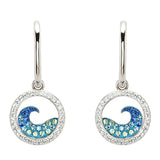 Shanores Swarovski Crystals Sapphire/Aqua Post Hoop Wave Earrings showcase dangling circles with a wave design, adorned with gradient blue and green stones, bordered by clear Swarovski Crystals for an elegant shimmer.