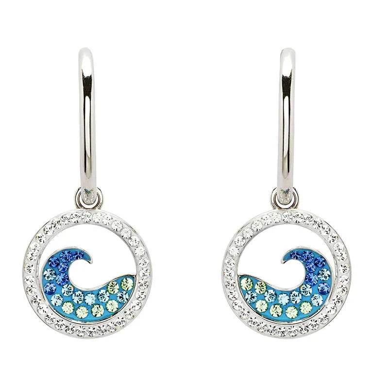 Shanores Swarovski Crystals Sapphire/Aqua Post Hoop Wave Earrings showcase dangling circles with a wave design, adorned with gradient blue and green stones, bordered by clear Swarovski Crystals for an elegant shimmer.