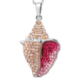 The Swarovski Crystals Pink Conch Shell Necklace by Shanore features a sterling silver chain with a pendant encrusted with lighter pink stones on the left and vibrant red Swarovski crystals on the right, creating an elegant look.