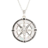 The Swarovski Crystals White Compass Necklace by Shanore features a sterling silver compass pendant with N, S, E, W directions and Follow your dreams engraved around it. The elegant piece is adorned with crystals and suspended on a delicate chain.