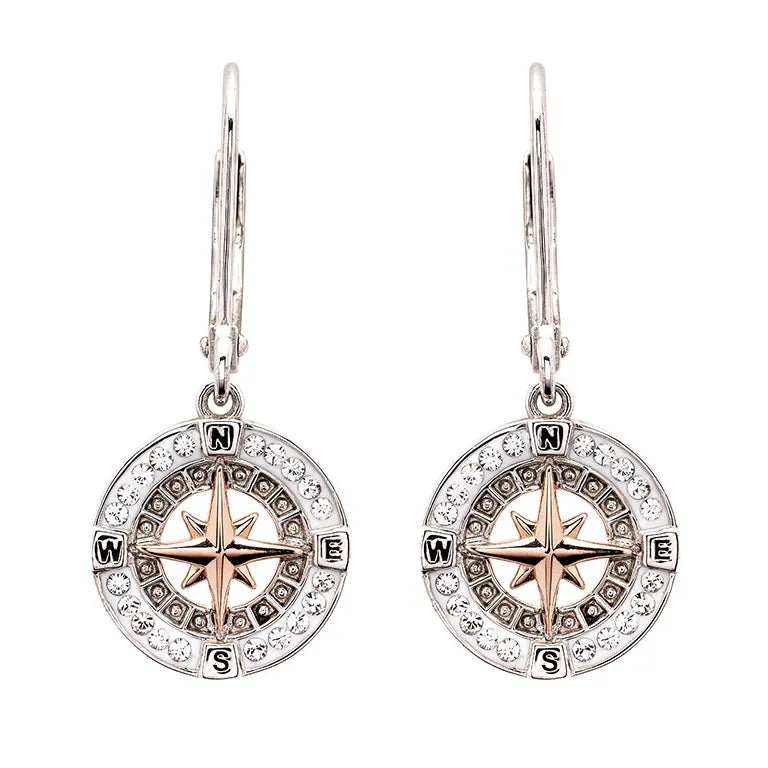 Shanores Swarovski Crystals Rose Gold Compass Dangle Earrings, part of the Ocean Jewelry collection, feature sparkling embellishments and labeled cardinal directions: N, E, S, W.