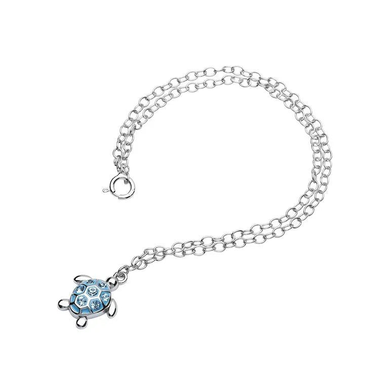 Shanore presents the Swarovski Crystals Turtle Aqua Anklet, an oceanic jewelry piece featuring a sterling silver chain with a small turtle pendant adorned with shimmering crystals for added charm.