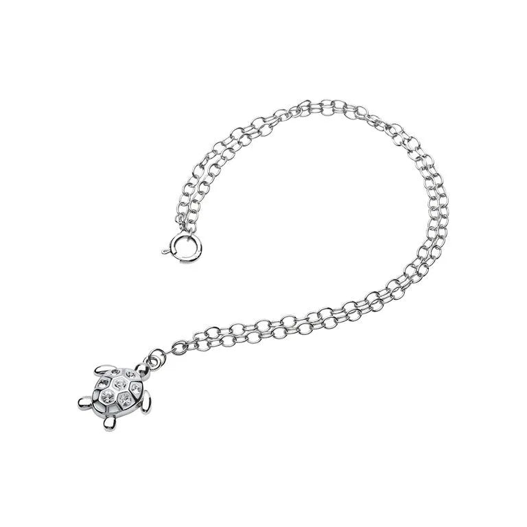 The Shanore Ocean Jewelrys Swarovski Crystals White Turtle Anklet features a turtle charm with detailed design and embedded clear stones. Made of sterling silver, it has interlinked circular chains and a clasp for secure fastening.