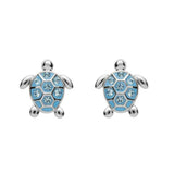 Shanores Swarovski Crystals Turtle Aqua Stud Earrings, part of the Ocean Jewelry collection, feature turtle-shaped sterling silver settings with blue accents and small Swarovski crystals adorning their shells.