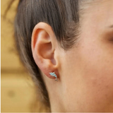 Close-up of a persons ear wearing Shanores Swarovski Crystals Aqua Dolphin Stud Earrings from the Ocean Jewelry collection. The background is softly blurred with warm tones.
