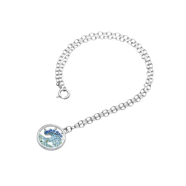 The Shanore sterling silver bracelet mirrors the Swarovski Crystals Blue Wave Cry Anklet with thick chain links and a circular charm, featuring a multicolored blue and green wave pattern. Sparkling in shades of blue and silver, it secures with a sturdy clasp.