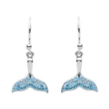 Shanores Swarovski Crystals Aqua Mermaid Tail Earrings feature a graceful design with sterling silver and shimmering crystals showcased on a white background, reminiscent of delicate whale-tail earrings.