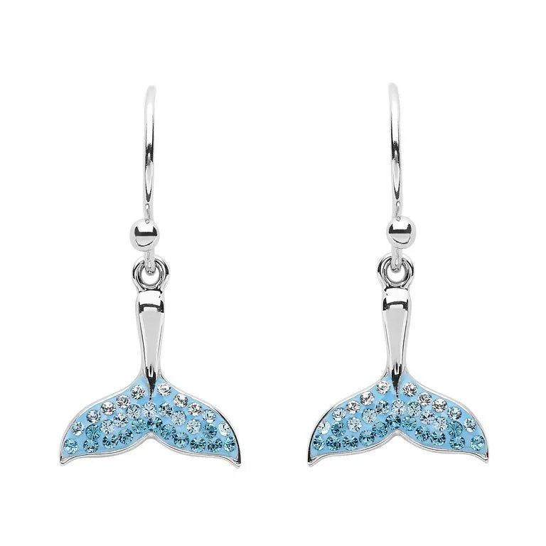 Shanores Swarovski Crystals Aqua Mermaid Tail Earrings feature a graceful design with sterling silver and shimmering crystals showcased on a white background, reminiscent of delicate whale-tail earrings.