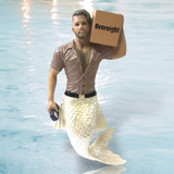 The December Diamonds Big Package Ornament features a muscular merman in water, balancing an Overnight package on his shoulder and holding a smartphone. With a bearded face, casual shirt, and shiny scaly tail, it exudes whimsical charm.